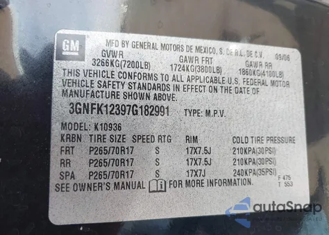 2007 Chevrolet Avalanche 1500 Ls z USA, uszkodzony, nr VIN 3GNFK12397G182991